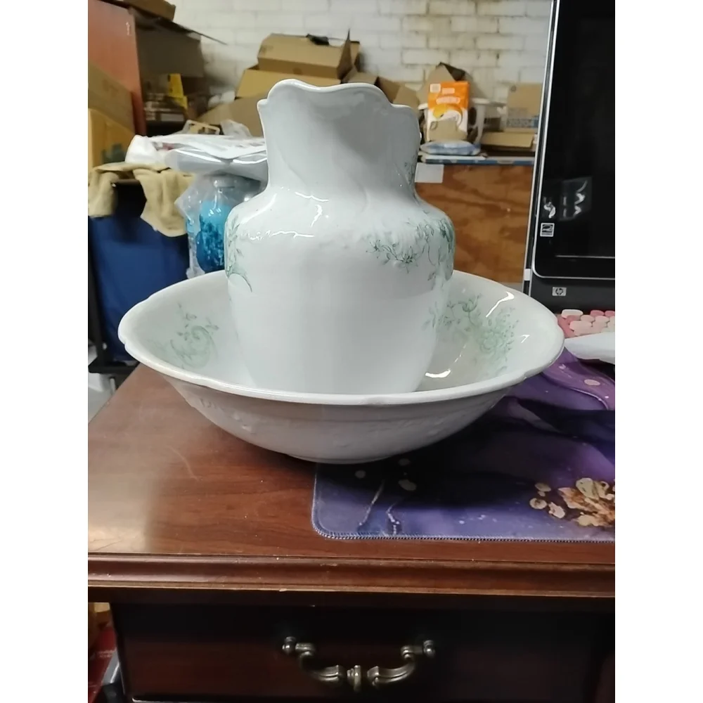 Crescent China George Jones & Sons Antique Pitcher Wash Basin Flowers Green